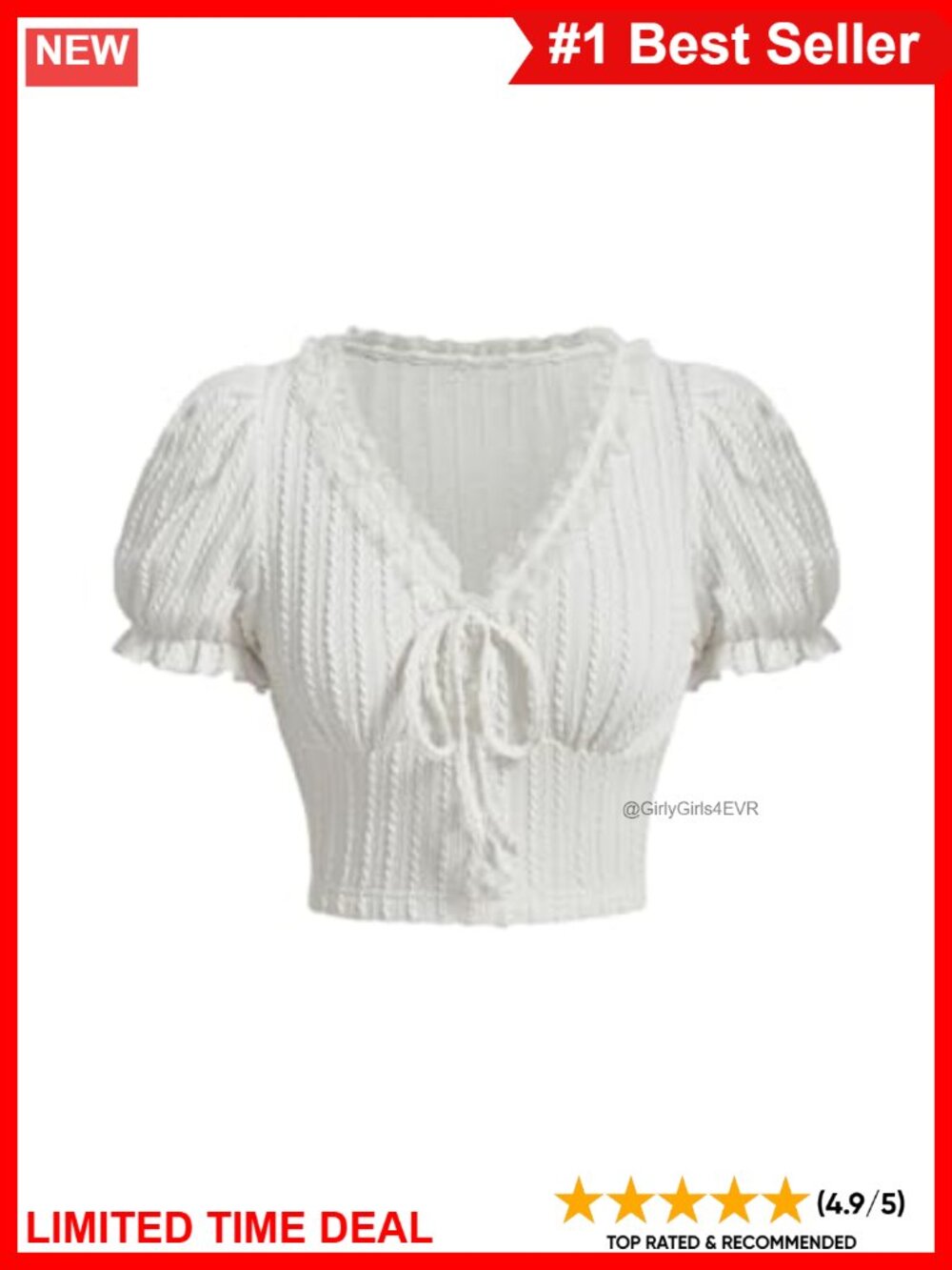 V Neck Knot Front Lace Trim Puff Sleeve Crop Top